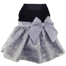 Holiday Dog Harness Dress (Color: Black Velvet with Gray Snowflake Skirt, size: small)
